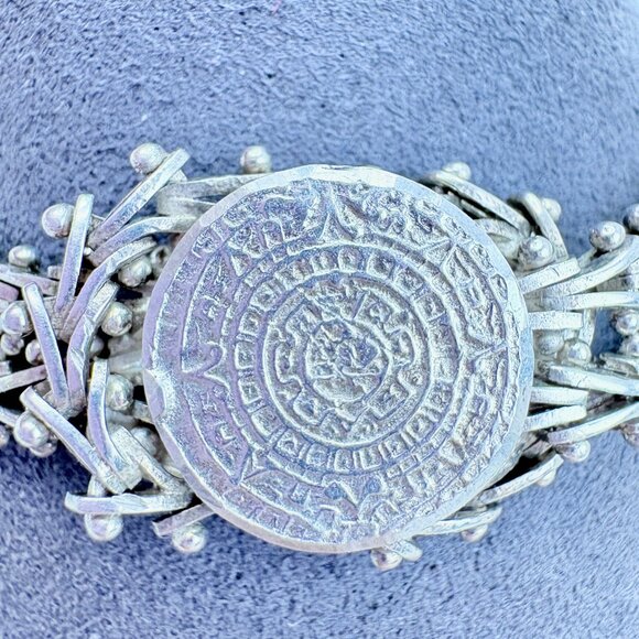 Sterling Silver 925 Mayan Calendar Interlocking Link Bracelet Size 7.5" Length - Picture 3 of 10